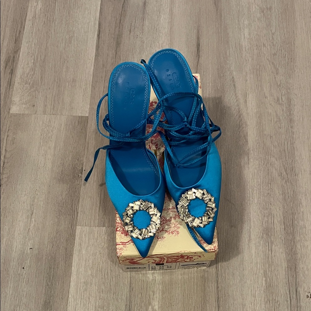 ASOS Turquoise Lace-Up Pointed Satin Heels with Crystal Embellishment